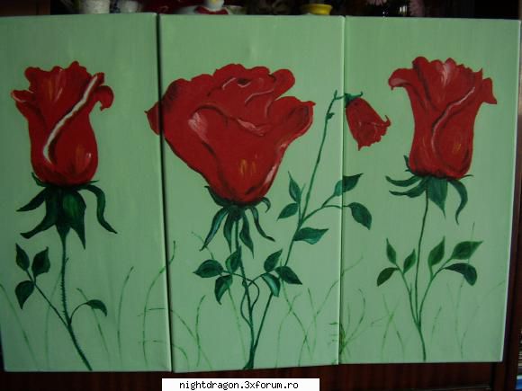 trandafiri rosii- pictura in ulei pe din trei tablouri a cate 20x40 cm